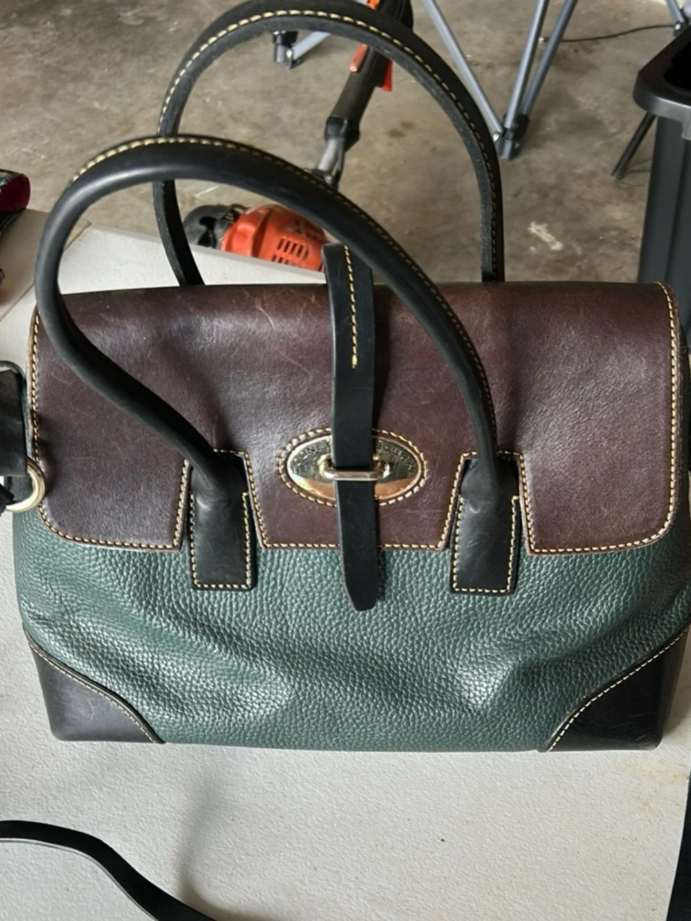 Two-Tone Green and Brown Leather  Dooney & Burke Satchel Handbag